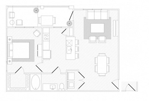 Floor plan for 1 bed, 1 bath, 798 sqft